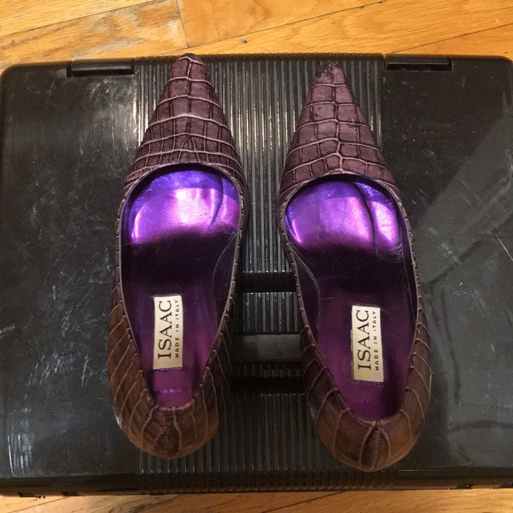 Isaac Purple embossed leather heels